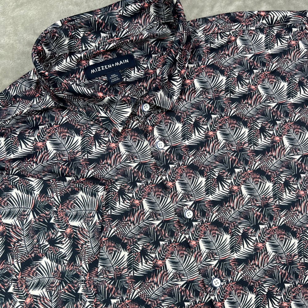 Mizzen+Main Leeward Classic Fit Shirt Mens 2XL Navy Pink Palm Leaf Performance